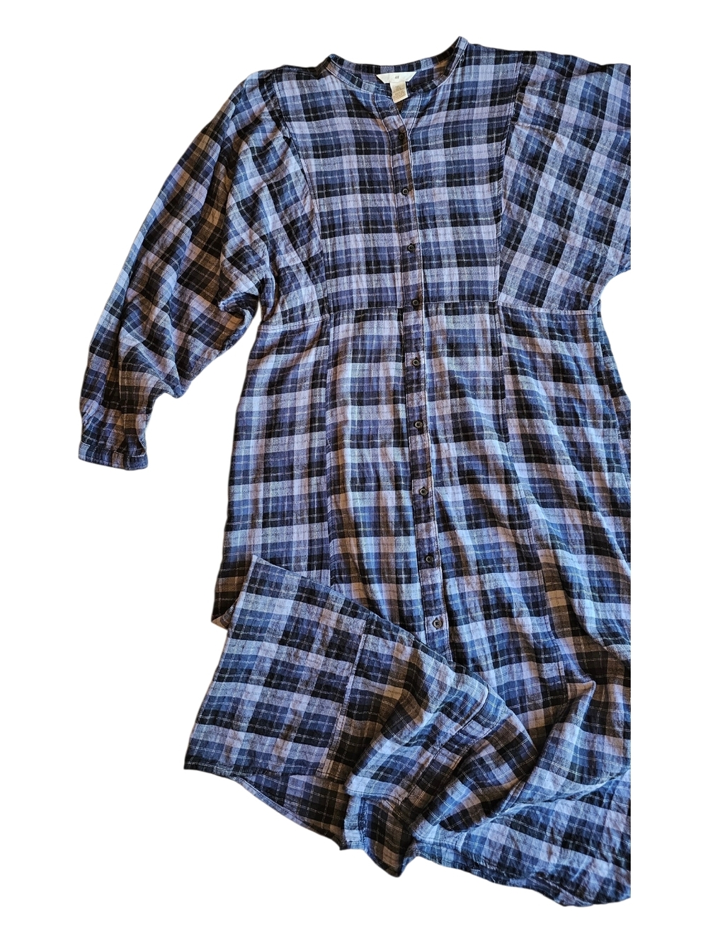 H&M Blue Plaid Shirt Dress L Button Front Cotton Long Sleeve Casual Oversized